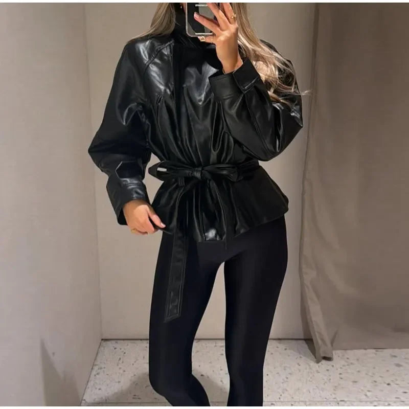 Black Belt Women's Leather Jacket Lapel Full Sleeve Zip-up Lace Up Waist Cinching Cropped Coats 2026 Autumn Street Lady Jackets