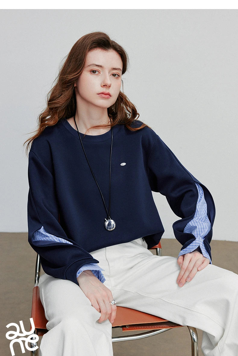 TOYOUTH Women Hoodies Sweatshirt 2025 Autumn New Patchwork Design Round Neck Long Sleeve Pullover Casual Tops