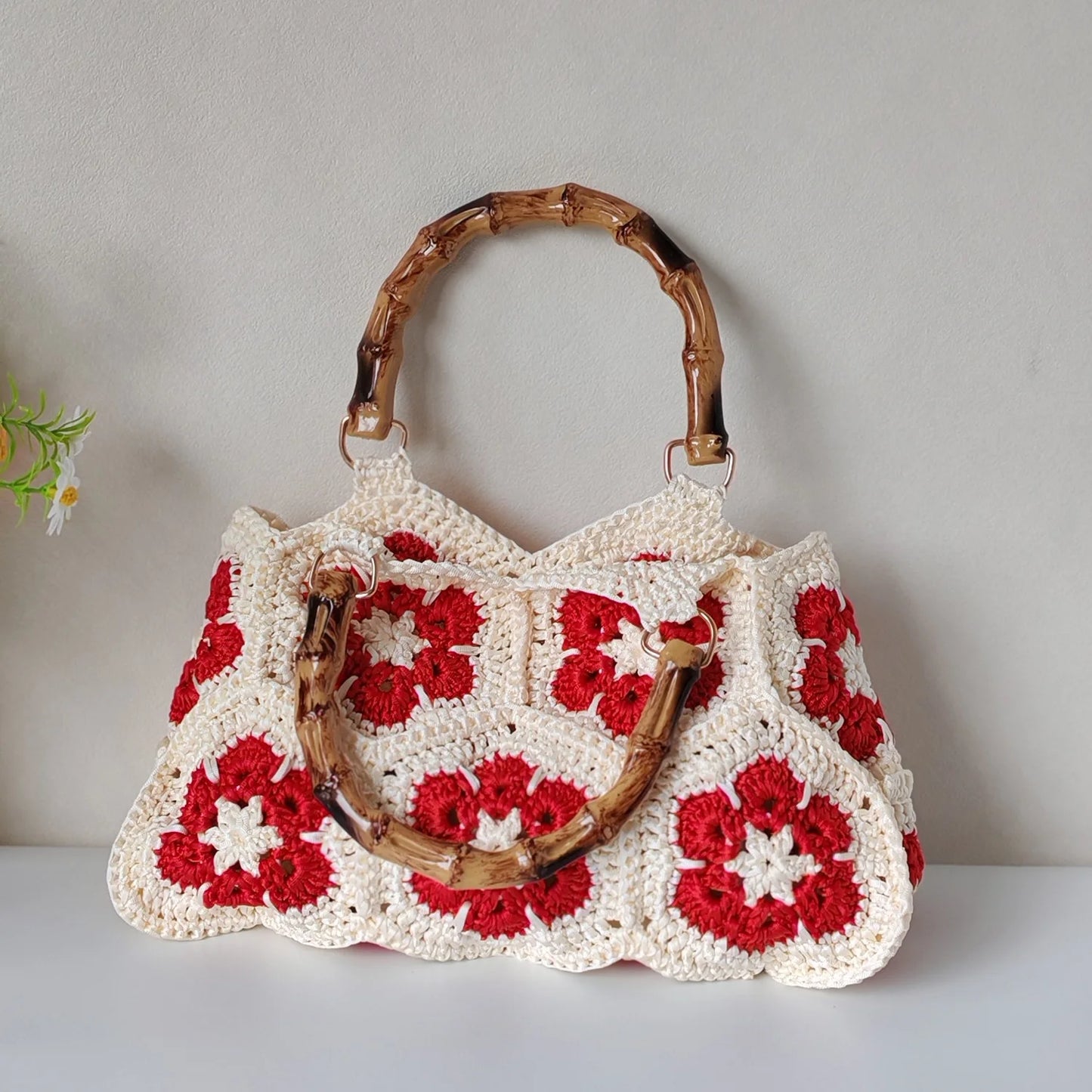 Handmade Crochet Granny Square Tote Bag with Bamboo-Style Handle, Vintage Woven Flower Pattern Shoulder Purse for Women