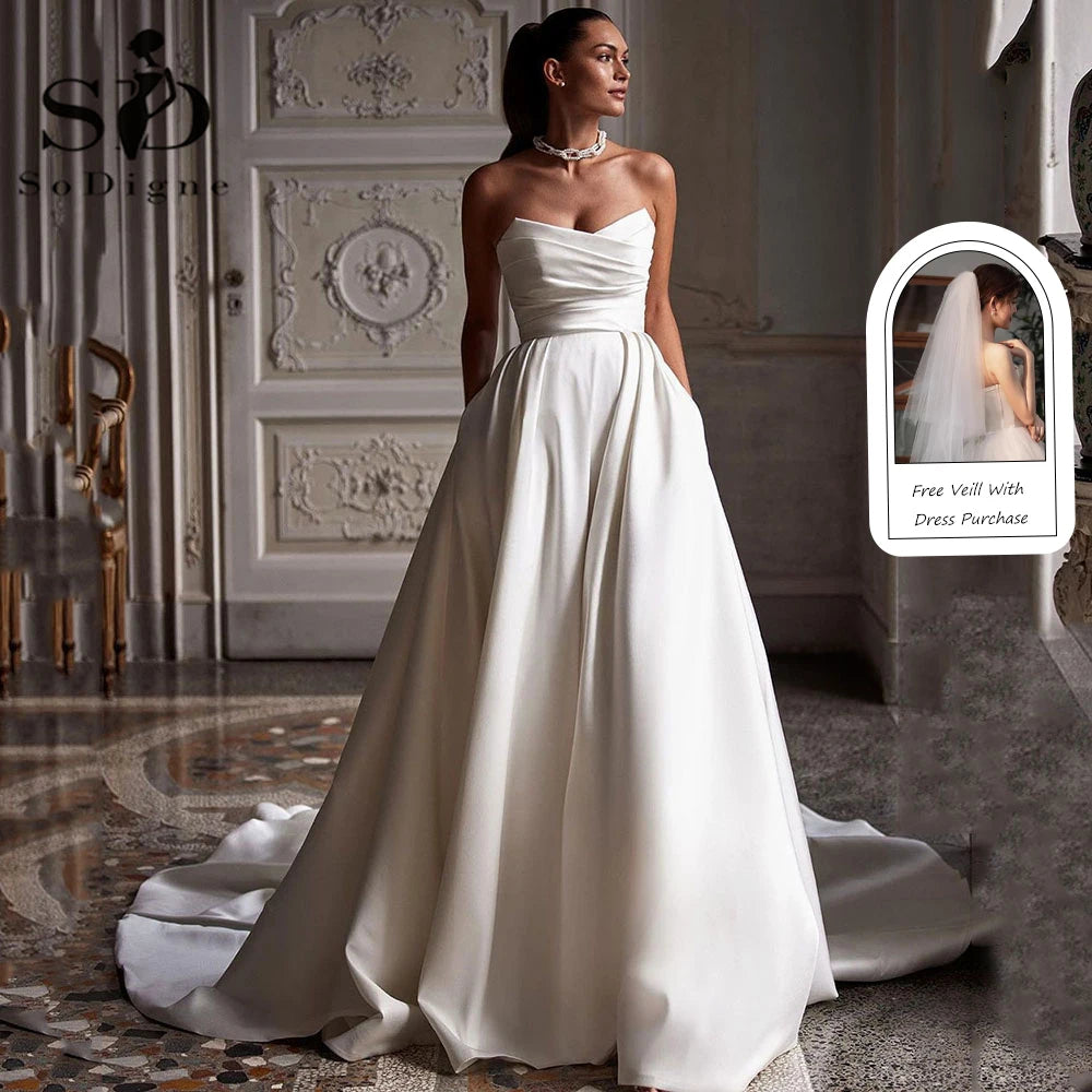 SoDigne Church Simple A Line Wedding Gown For Women Sweetheart Pleats Customized Wedding Dress Long Reception Party Bride Dress