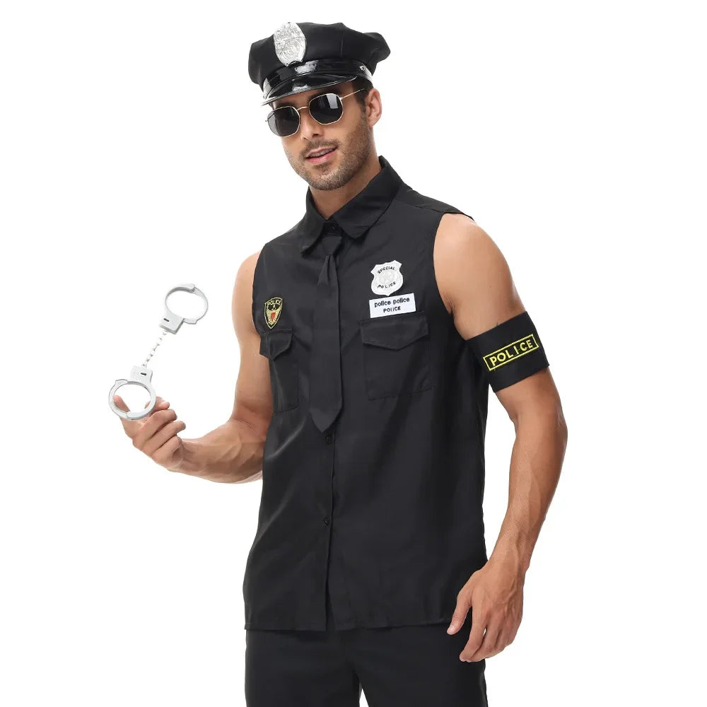 Halloween Costumes for Men America U.S. Police Dirty Cop Officer Costume Black Top Shirt Fancy Cosplay Clothing