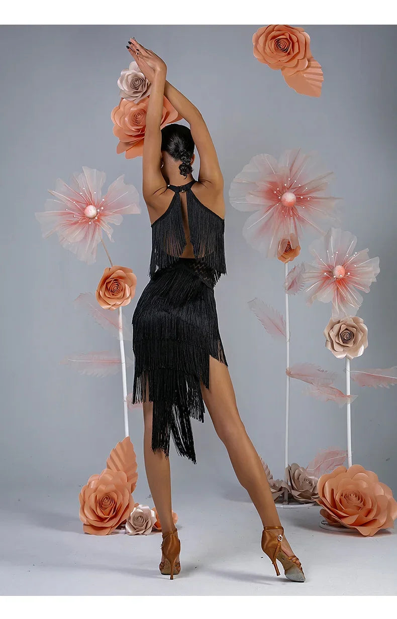 Women Backless Fringe Sexy Black Dress Cha Cha Rumba Samba Tango Dance Costume Prom Wear Latin Dance Copetition Dress