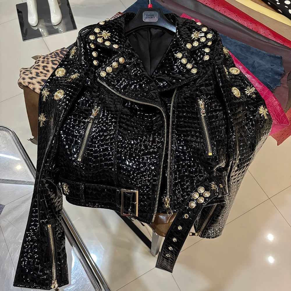 Women Stylish Gold Rivet Real Leather Jacket High Glossy Genuine Leather Asymmetrical Zip Biker Jacket