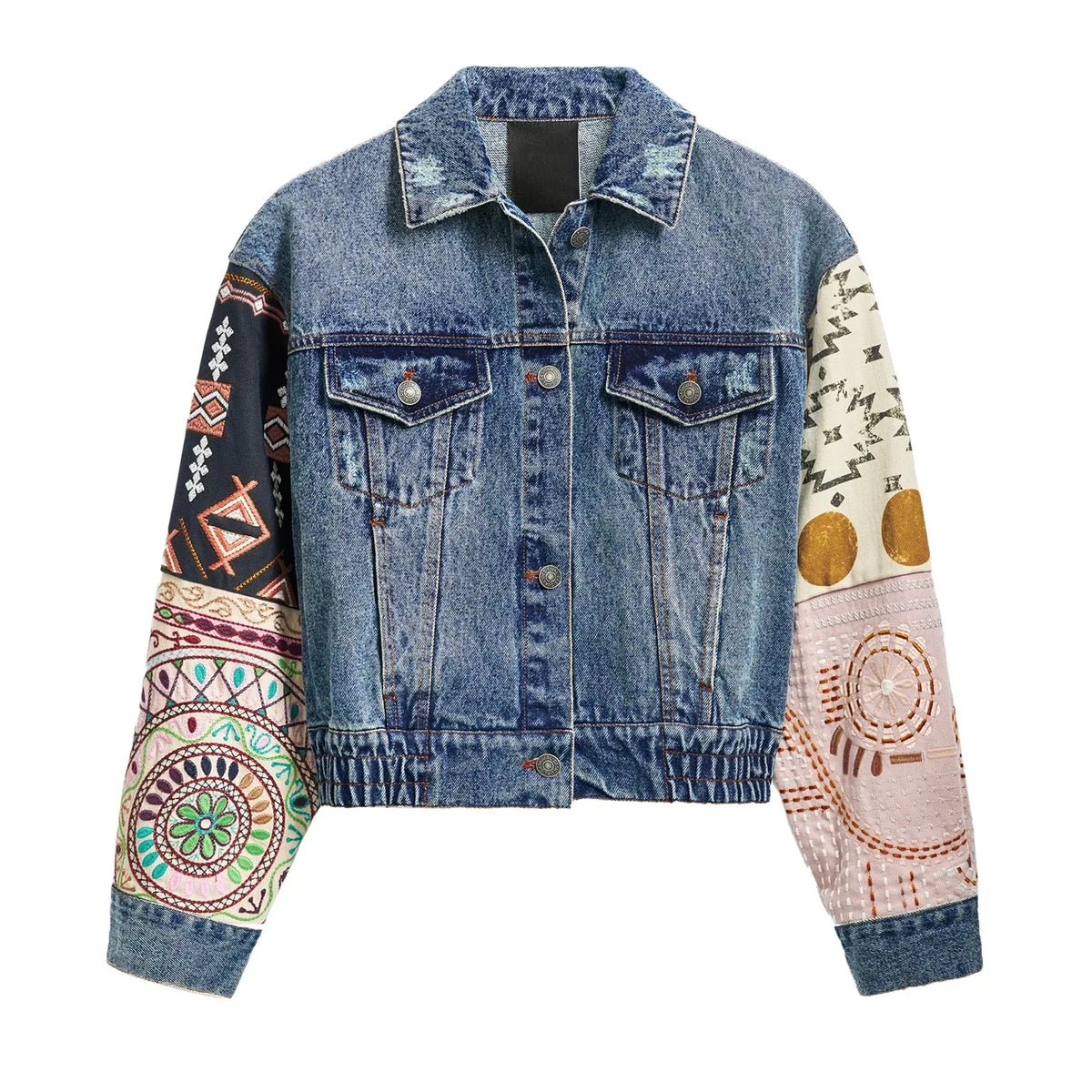 Spanish original light luxury women's jacket, sandwashed, distressed, spliced, jacquard embroidered, loose denim jacket