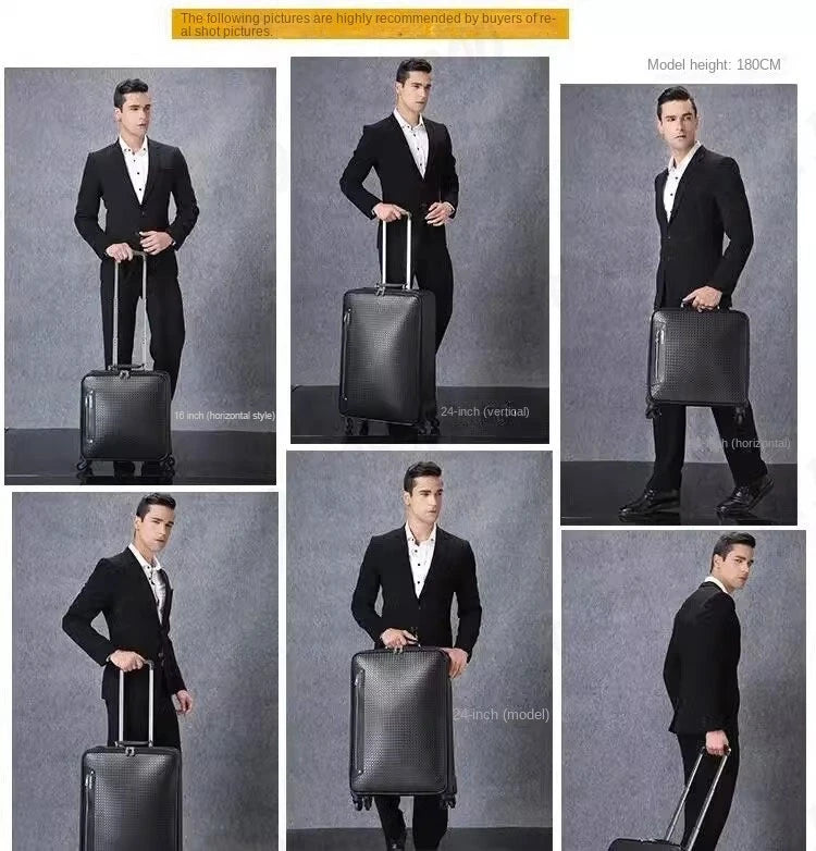 Genuine Leather Trolley Case 20 Inch Men's Business Boarding Suitcase Universal Wheel Luggage Bag 16 Inch Woven Pattern Leather