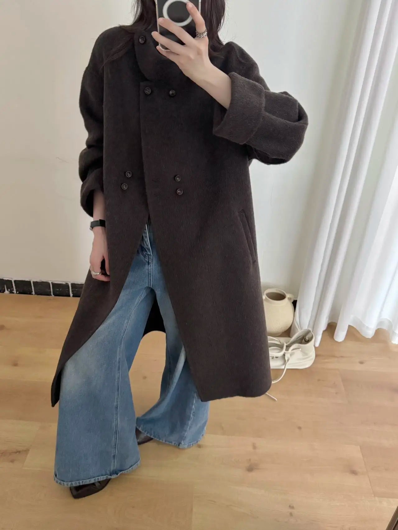 Ladies' 100% wool coat, high-end slimming stand up collar, double breasted loose long woolen coat, autumn and winter bestseller