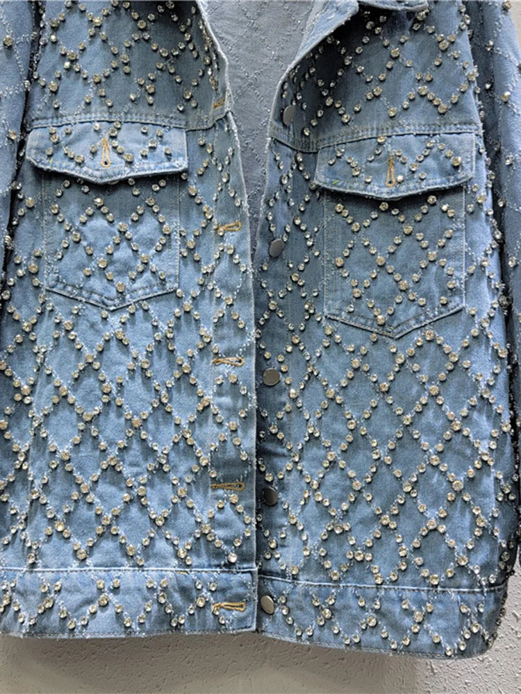 DEAT Women's Denim Coat Blue Long Sleeve Full Diamonds Distressed Jacquard Plaid Jackets 2026 Summer Summer New Fashion 29L7709