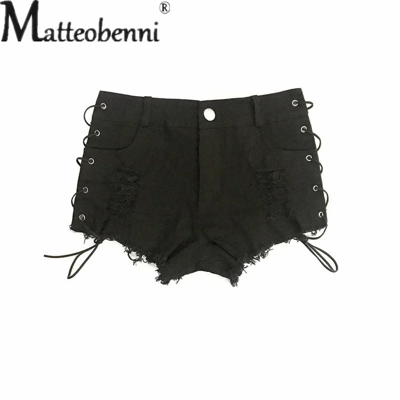 Sexy Hollow Out Lace-up Patchwork Cloth Ultra-short Shorts Ladies Nightclub Wear Women High Waist Denim Three Quarter Pants New