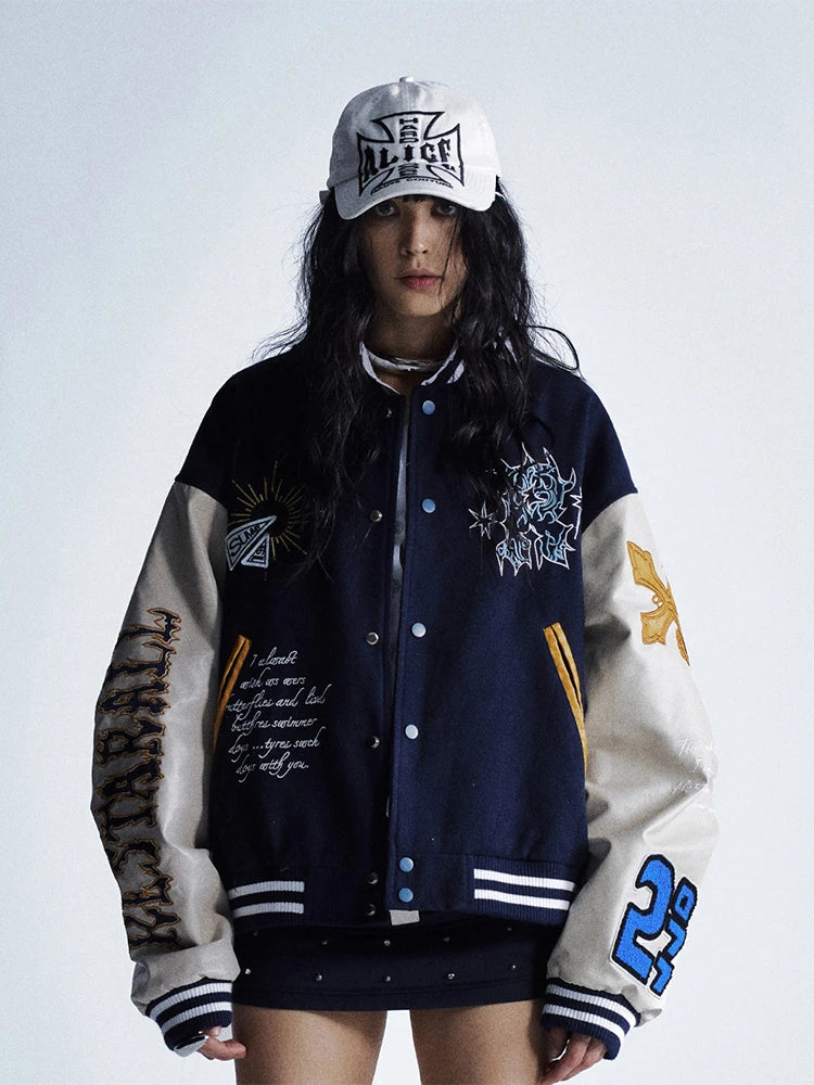 Women American Vintage Embroidered Baseball Jacket Faux Leather Sleeve Patchwork Bomber Coat Autumn Casual Streetwear Outerwear