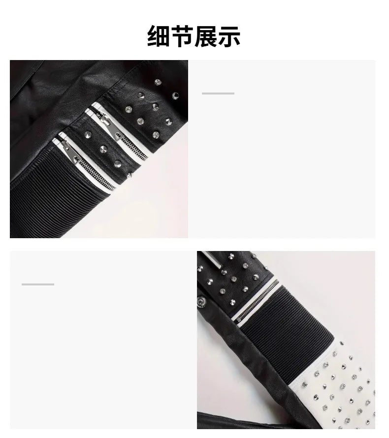 Luxury  Studded Leather Jacket, Motorcycle Slim Fit Punk Rock Women's Diamond Zipper Multi-Pocket Jacket zipper Coat Outwea
