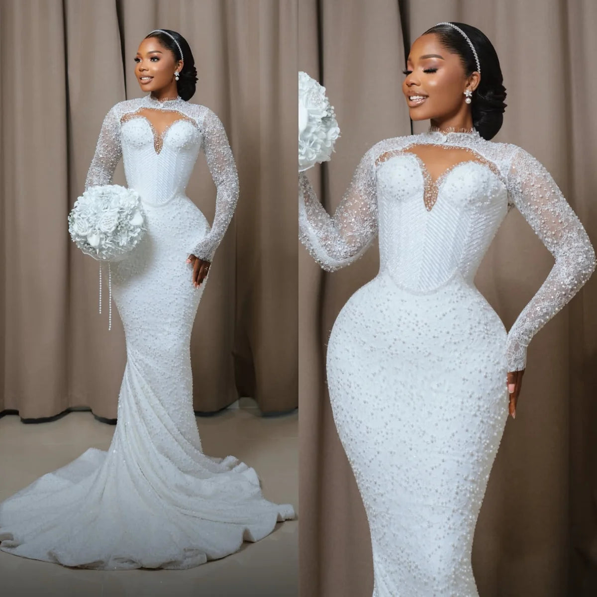 Elegant High Collar Long Sleeve Mermaid Wedding Dress Sparkling Water Diamond Phantom Hollow Bride Dress Customized