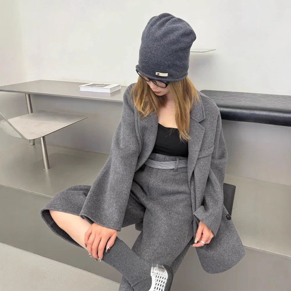Autumn Winter Double-Sided Cashmere Coat Korean Style Suit Woolen Blazer Women Design Sense Set Korean Fashion Elegant