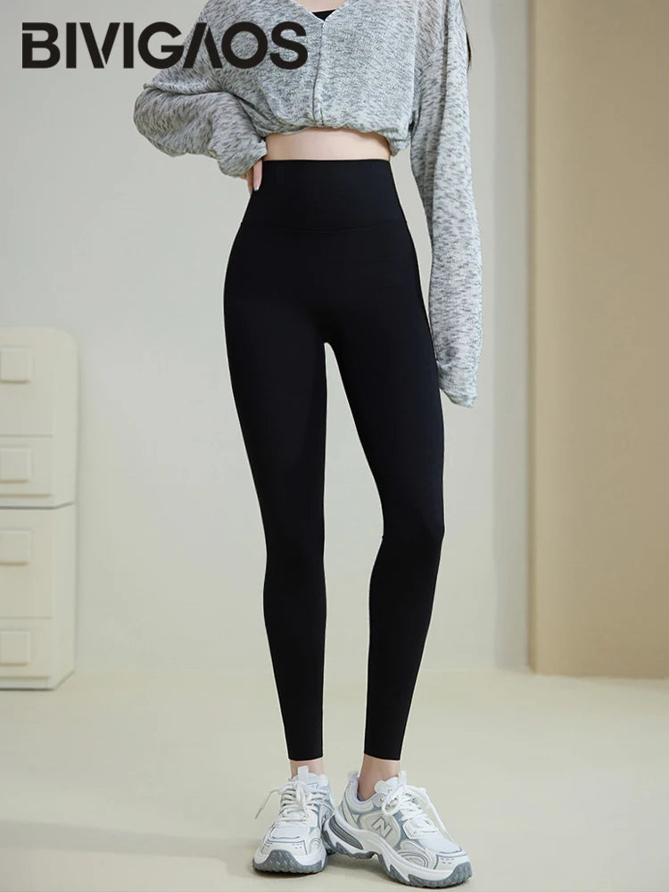 BIVIGAOS Spring Summer Back Pocket Nude Feel Sharkskin Leggings Women Fish Bone High Waist Push Up Sport Fitness Running Legging