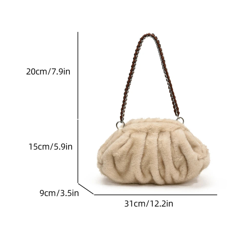 MOODS Pleated Design Faux Fur Shoulder Bags For Women 2024 Luxury Designer Purses And Handbags Winter Warm Soft Plush Hobo Bags