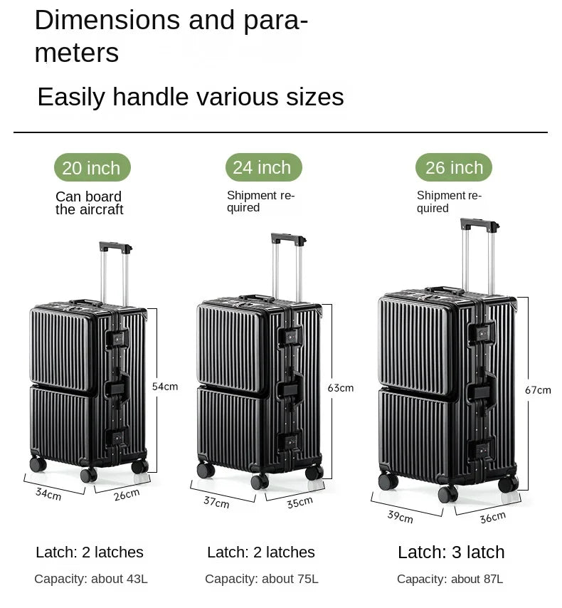 Front Opening Suitcase 20 inch Boarding Box Trolley Case 28/30 inch Luggage Large Capacity Aluminium Frame Suitcase Password Box