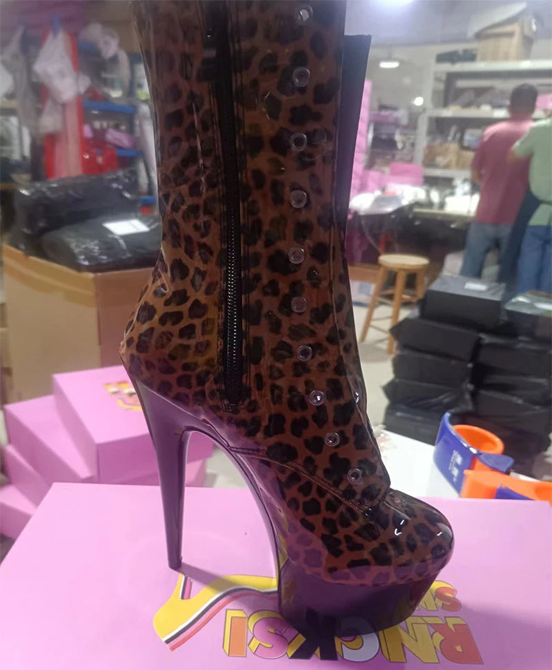 Exotic 20 cm Leopard Print Gothic Stripper Heels Size 34-46 8Inch Platform Ankle Boots Strip Pole Dance Catwalk Round Toe Women