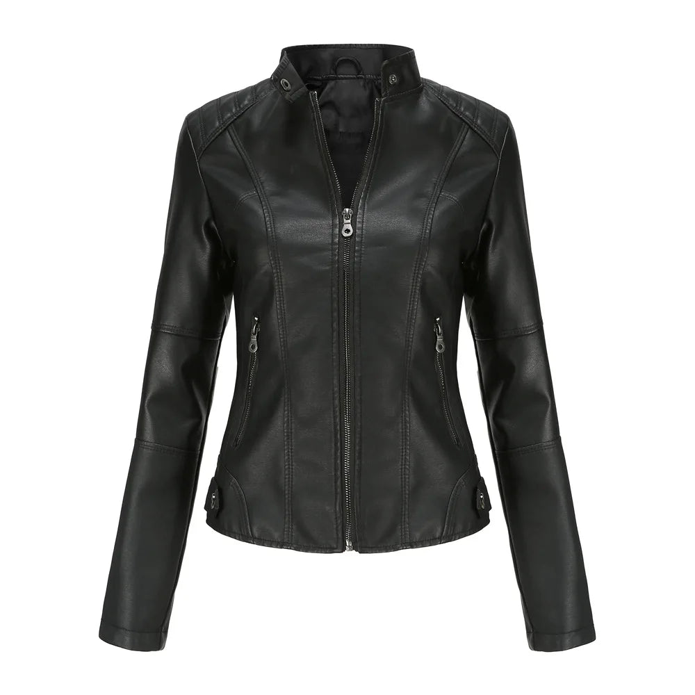 Women's Leather Jacket Women's Slim-Fit Jacket Thin Autumn Jacket Women's Biker Jacket Large Size Standing Collar Leather Jacket