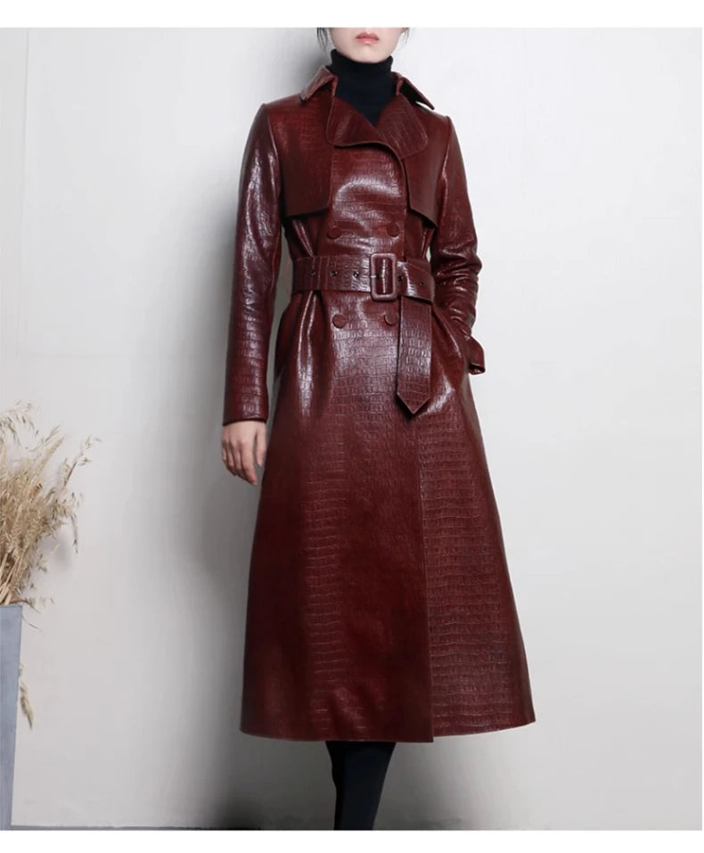 Lautaro Autumn Long Shiny Reflective Patent Faux Leather Trench Coat for Women Belt Double Breasted Luxury Designer Clothes 2023