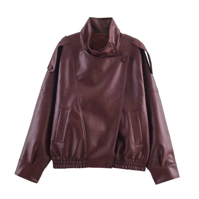 Women's 2026 Autumn New Classic Commuter Style Black Long Sleeve Pebble Faux Leather Motorcycle Fashion Jacket