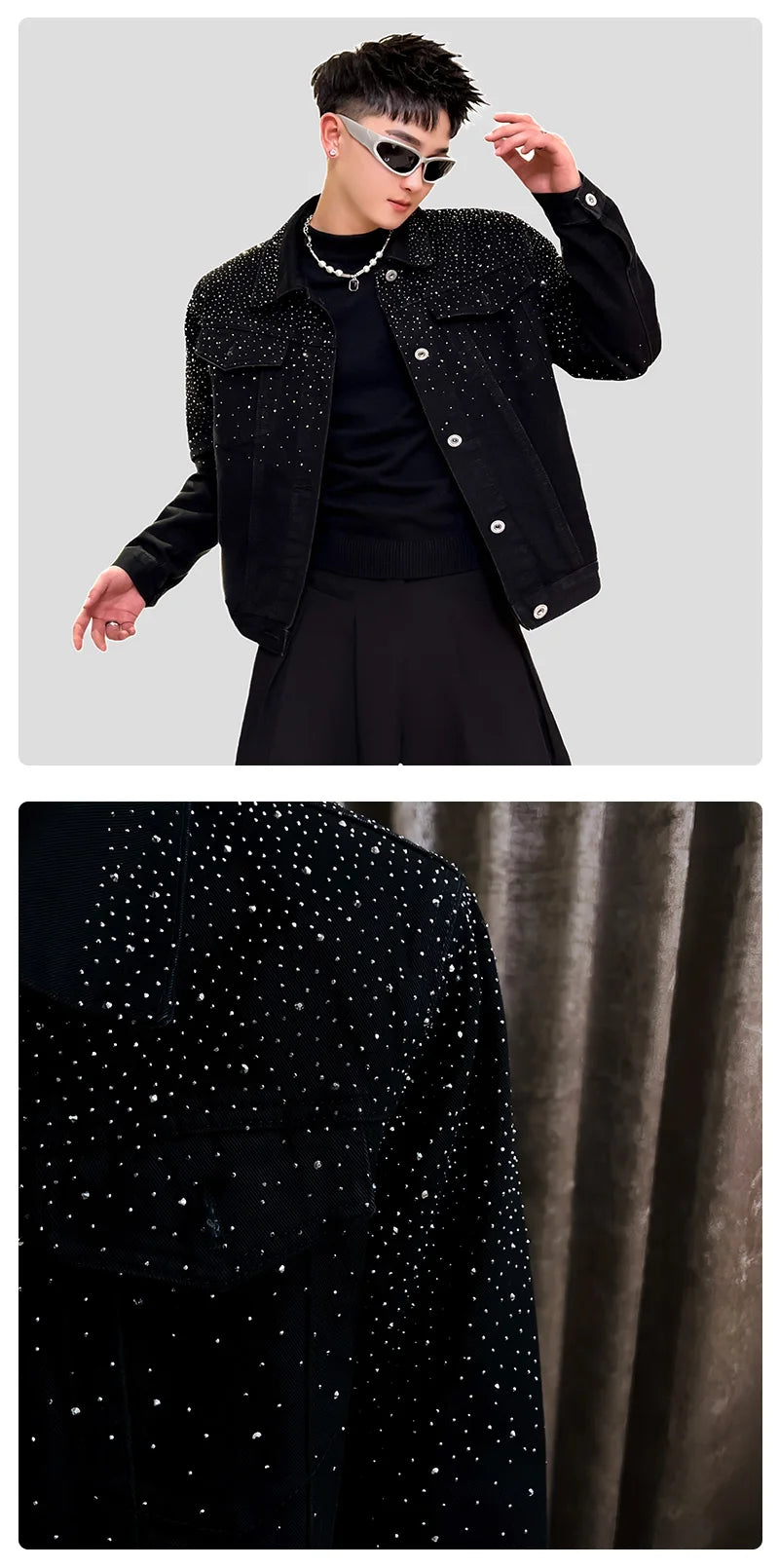 Fashion Denim Jacket High-End Handsome Shiny Rhinestone Light Luxury Trendy Men's Jacket Long Sleeve Single-Breasted Jackets
