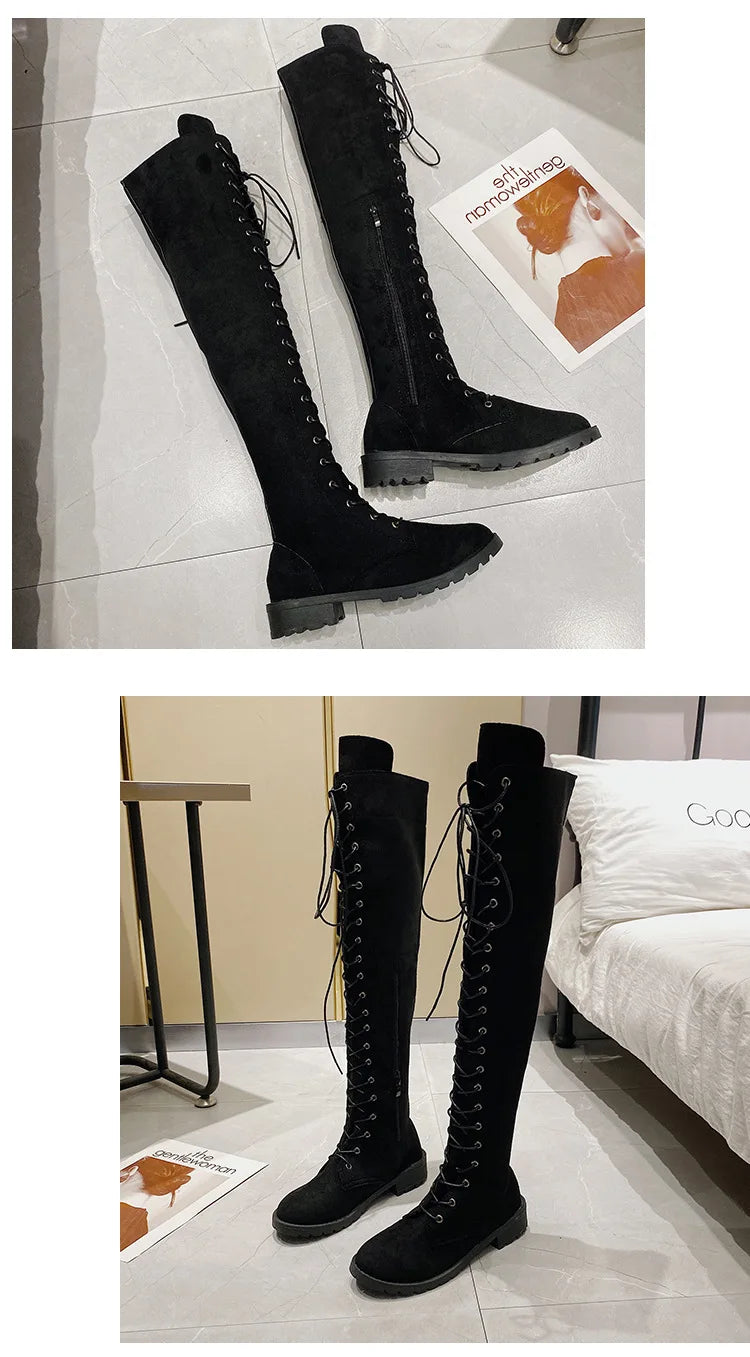 Side Zipper Lace-up Women's Long Botas Brown Black Suede Mid Heel Over-the-Knee Boots for Women Ladies Thigh High Boots Size 43