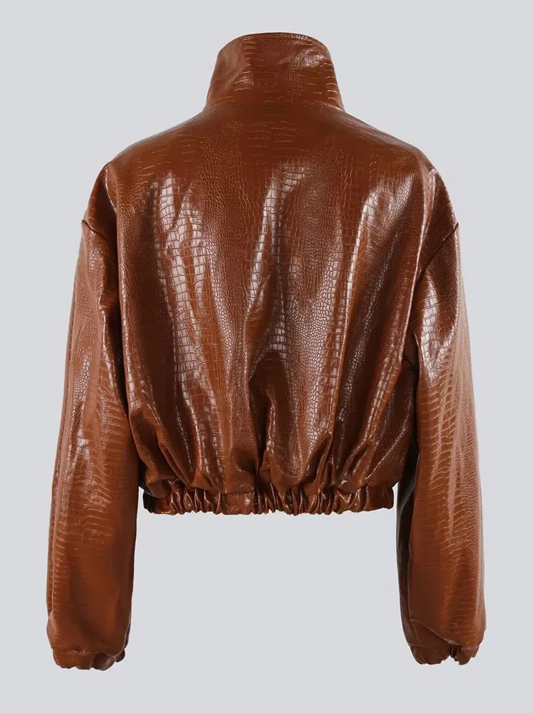 Mauroicardi Spring Autumn Short Black Brown Crocodile Print Faux Leather Jacket Women Stand Collar Button Up Luxury Clothes 2025