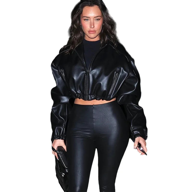 Short Coat Women Leather Jackets Zipper Full Sleeve Solid Streetwear Jacket Turn Down Collar Spliced Casual Coats Autumn 2026