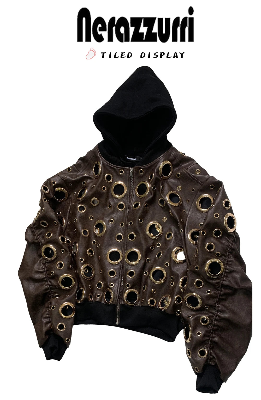 Nerazzurri Autumn Oversized Hollow Out Gold Pu Leather Jacket Men with Hood Hole Luxury Fake 2 Pieces Emo Menswear Clothing 2025