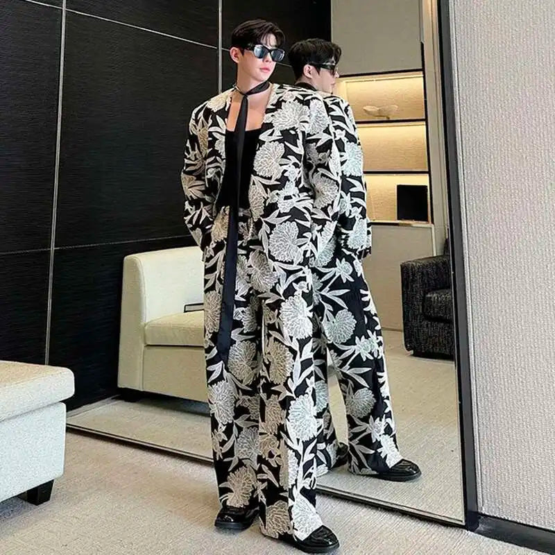 IEFB Niche Design Men's Two-piece Collarless Embroidery Blazer Loose Straight Suit Pants Contrast Color Male Sets New 9C7485