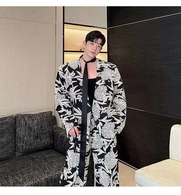 IEFB Niche Design Men's Two-piece Collarless Embroidery Blazer Loose Straight Suit Pants Contrast Color Male Sets New 9C7485
