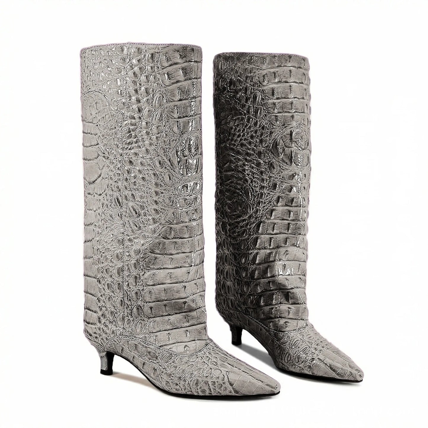Women's Spring and Autumn New Cat Heel Wide Knee Knee Boots Fashion Pointed Women's Low Heel Mid Heeled Boots