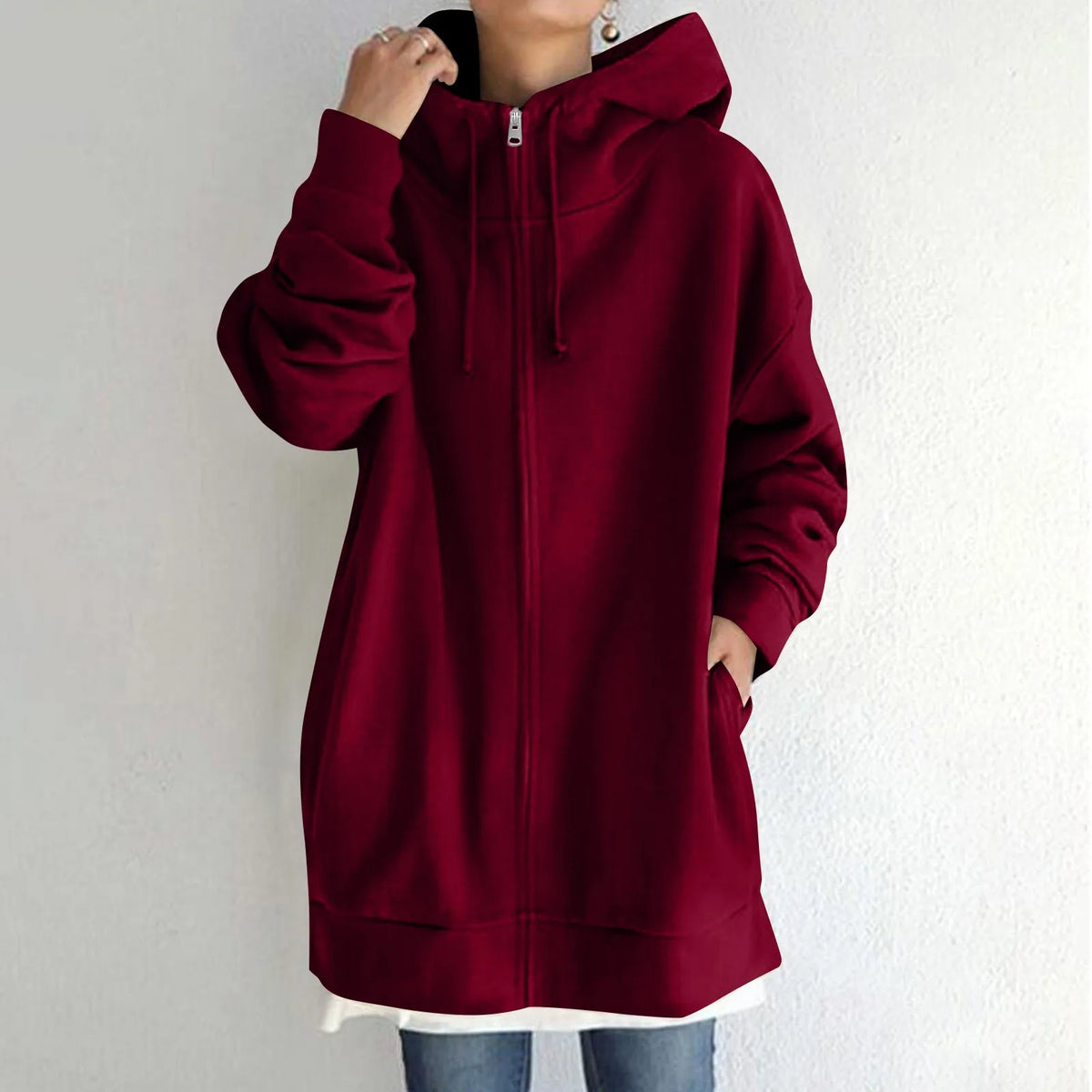Plus Size Long Hoodies Tunic Fashion Long Sweatshirts Solid Color Fleece Knitted Zip Up Jackets With Pockets For Women
