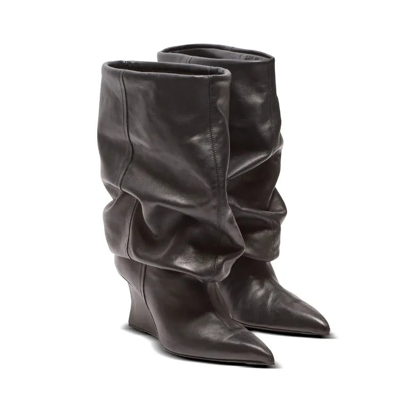 Women's Fashion Pointed Thick Soled Pleated Short Boots, Autumn and Winter Thick Heeled Long Boots, Sexy Runway Women's Boots
