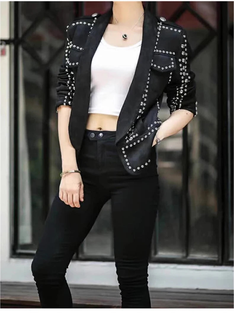 Mauroicardi Spring Autumn Cool Studded Short Black Faux Suede Leather Jacket Men Luxury Designer Emo Night Club Wear Clothes
