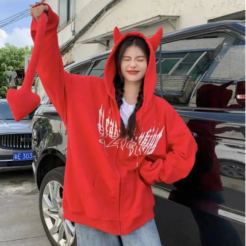 2025 Autumn Harajuku Hoodies Women Gothic Devil Horn Hooded Sweatshirt Halloween Cos Clothes Detachable Tail Zip-Up Outwear