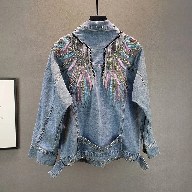 2026 New AutumnFashion Rivet Woman Denim Jacket Long Sleeve Female Jackets Jeans Coat Beading Tassel Denim Coat Outerwear