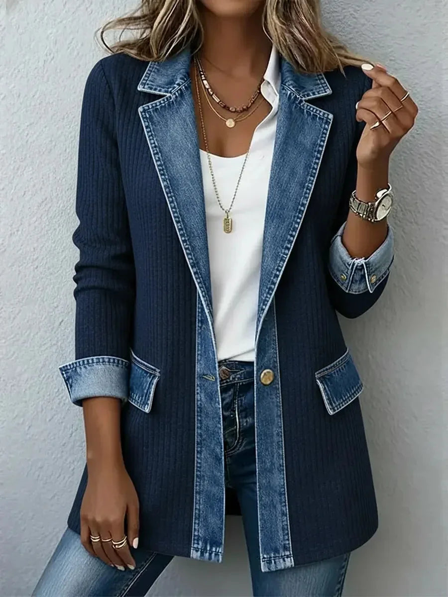 Women's Casual Autumn Retro Harajuku Fashion Elegant Slim Fit Sports Jacket Collar Long Sleeved Y2K Denim Patchwork Jacket