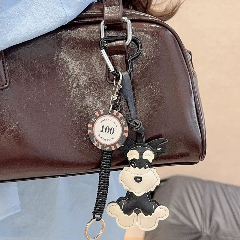 Lovely PU Leather Schnauzer Keychain Cute Puppy Animal Hanger Dog Fashion Bag Pendant Creative Woven Rope Keyring Bag Charms New