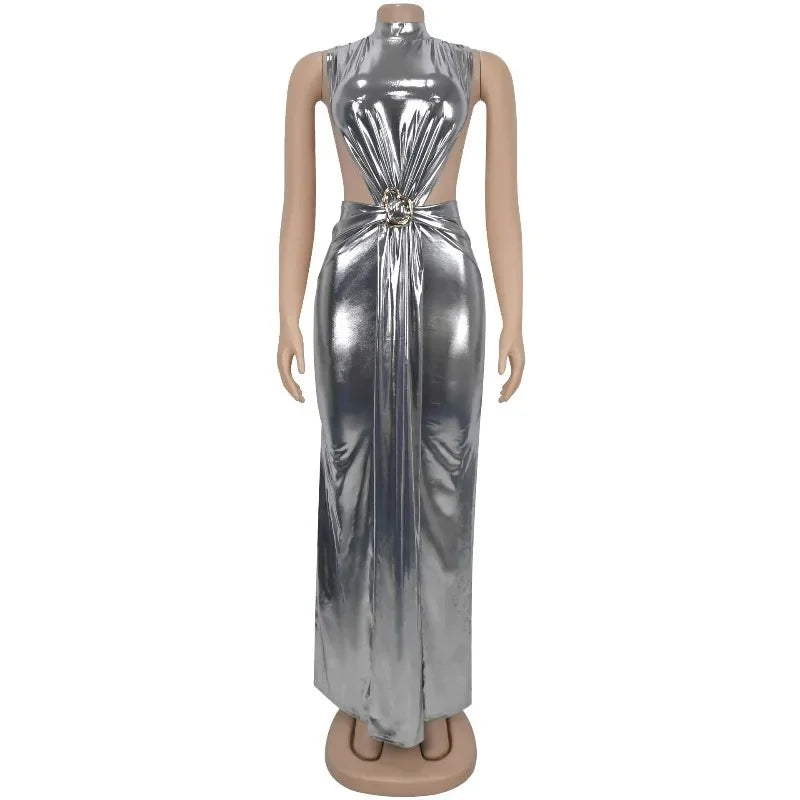 GUWU Women Gilding Sleeveless Cut Out Bodycon Midi Maxi Long Dress 2025 Summer Beach Vacation Sexy Party Birthday Dresses