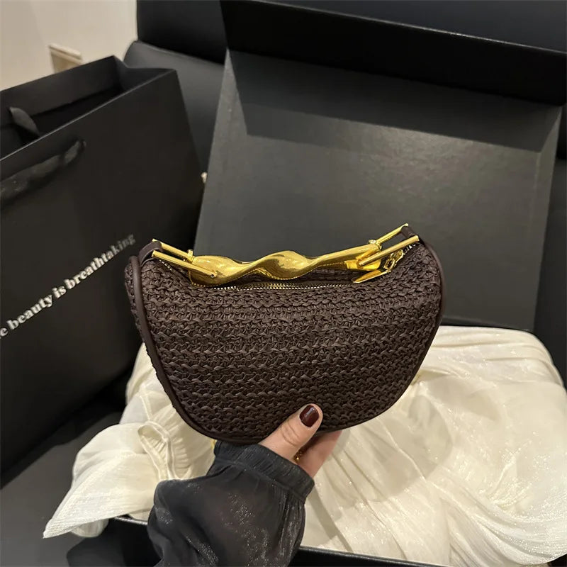 Luxury Metal Handle Clutch Bag Women Exquisite Handmade Rattan Woven crossbody Bag Half-moon Beach Bags Roomy Straw Tote Bag