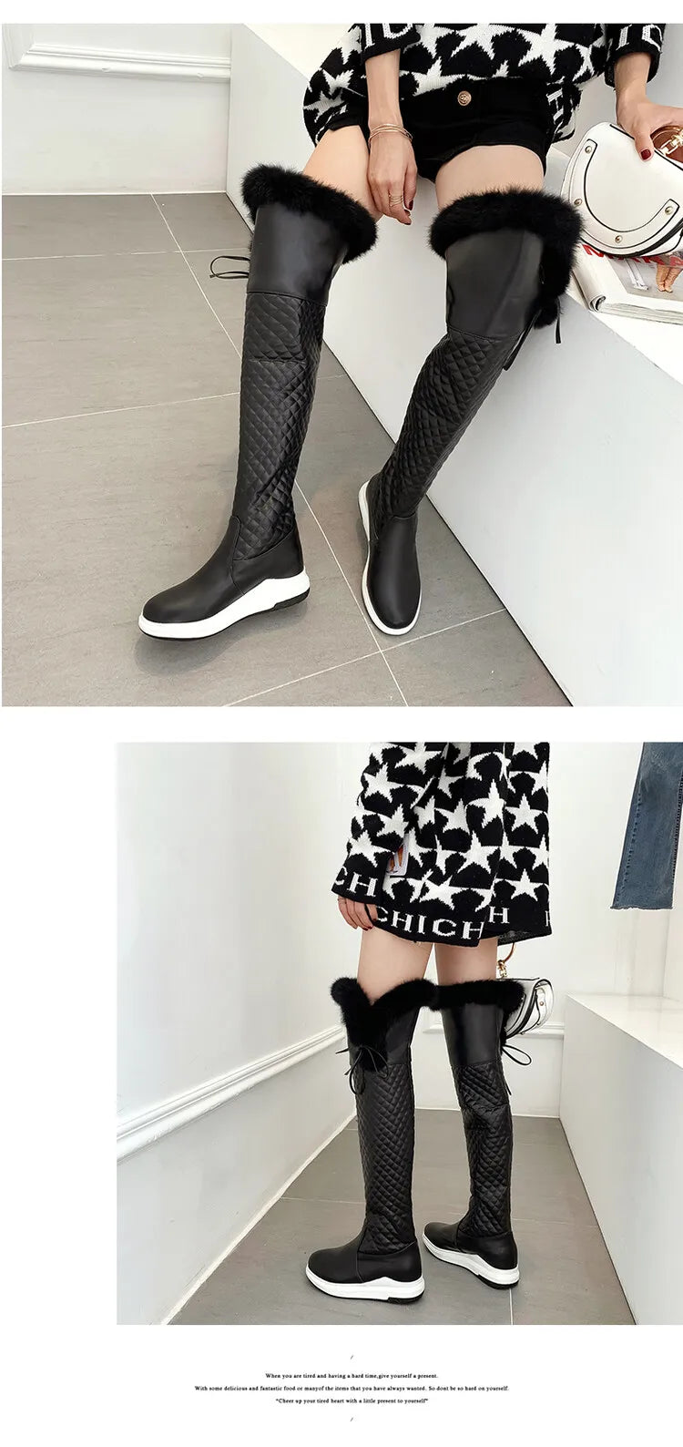 Women's Winter High Snow Boots Warm Fur Plush Black White Over the Knee High Boot Ladies Casual Wedge Heels Rain Shoe Waterproof