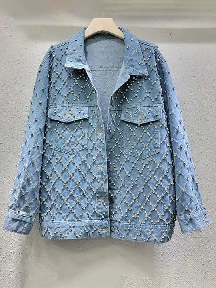 DEAT Women's Denim Coat Blue Long Sleeve Full Diamonds Distressed Jacquard Plaid Jackets 2026 Summer Summer New Fashion 29L7709