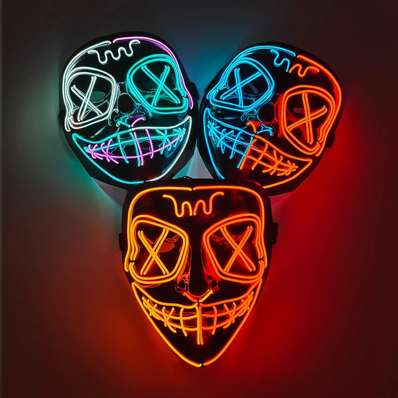Wireless LED Neon Purge Mask & Fiber Optic Gloves, Scary Glow In Dark Mask for Halloween Carnival Cosplay Bar Birthday Party