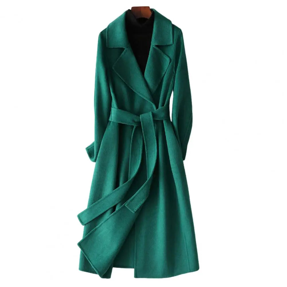 Women Wool Coat Womens Long Wool Peacoat with Belt Notched Lapel Overcoat Warm Fall Winter Trench Coat for Weather Polyester