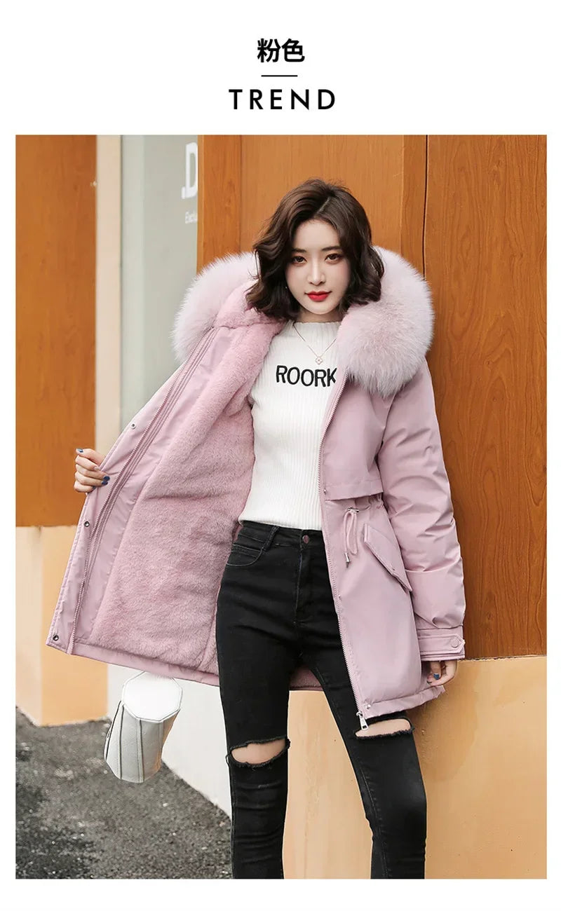 Winter Coat Low Price On Sale Women Beige Add Wool Thick Warmth Fur Hooded Parkas Jacket 2026 New Fashion Belt Slim Cotton Coat