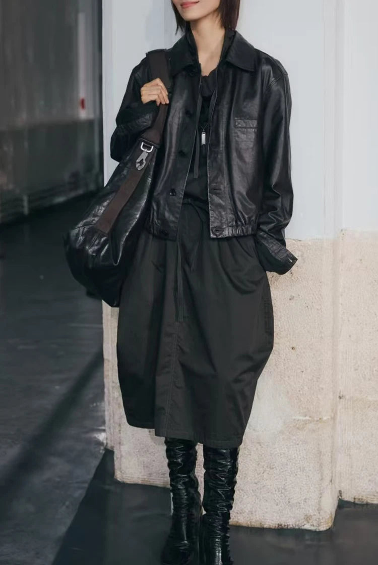Advanced Oil Wax Leather Jacket for Women Autumn Winter Female 100% Lambskin Square Neck Elastic Waist  Loose Coat Vestes Femmes