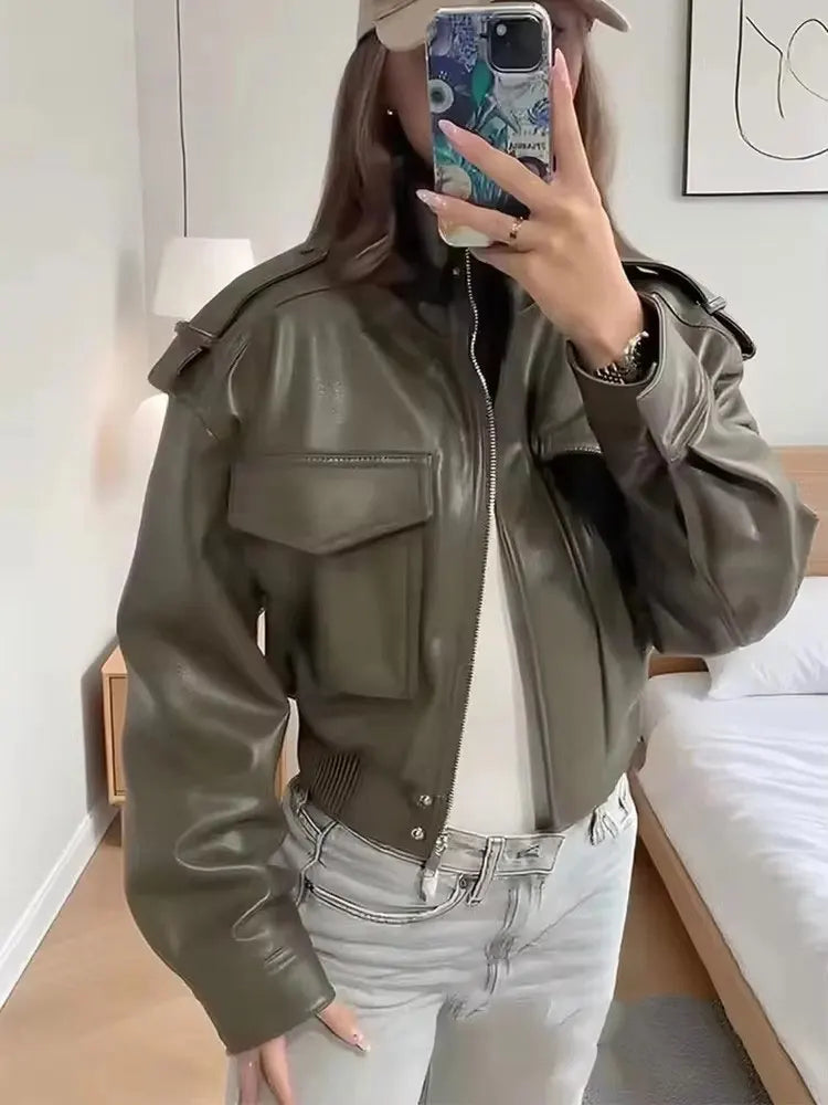 HH Women Faux Leather Cropped Jacket vintage Bomber Jackets With Pockets Long Sleeve Coats Zipper Overcoat Jacket For Woman