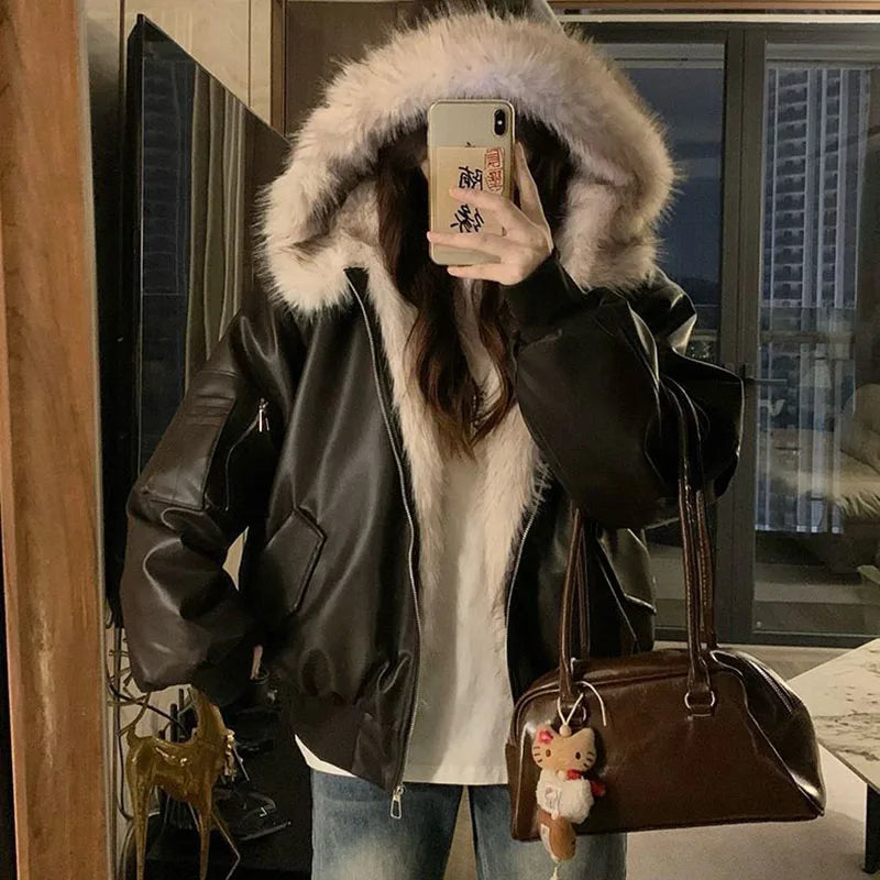 Winter Thick Warm Fleece Hooded Jacket Women Korean Fashion Loose Zipper Leather Coats Chic Full Faux Fur Lined Bomber Outerwear