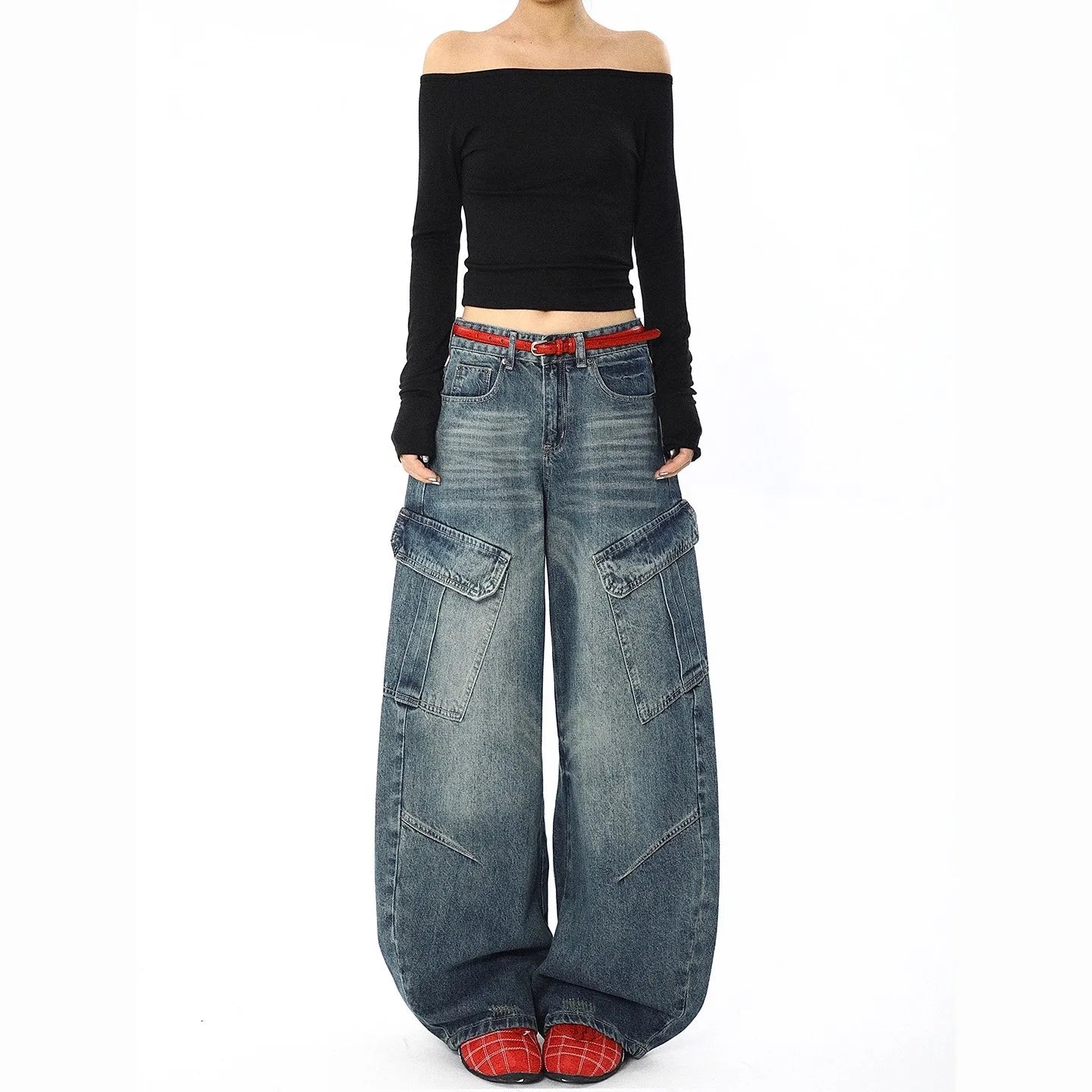 Retro American Straight Leg Loose Fit Wide Leg Workwear Jeans Men's Women's Knife Design Multi-Pocket Casual Loose Drapey