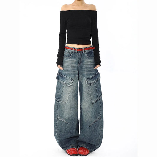 Retro American Straight Leg Loose Fit Wide Leg Workwear Jeans Men's Women's Knife Design Multi-Pocket Casual Loose Drapey